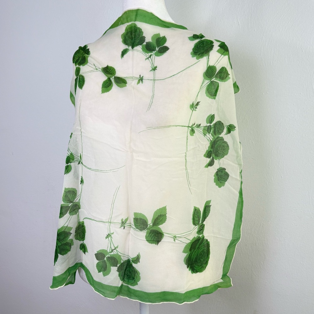 Vintage semi sheer, silky, crêpe, precious floral green rose printed scarf - Picture 6 of 14